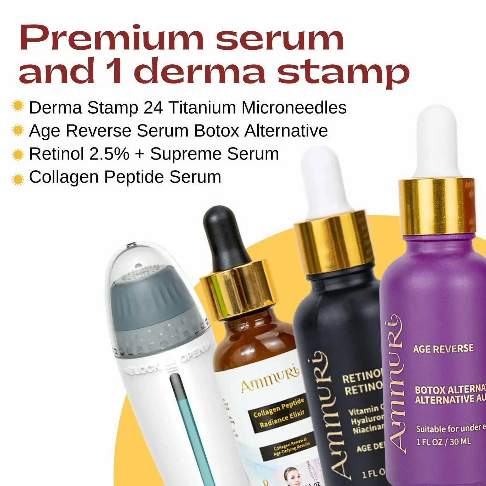 Adjustable 0-1.5mm Derma Stamp 24 Titanium Microneedles  Includes Peptide, Colligan, and Retinol Ammuri Serum Microneedling Kit for Home Use
