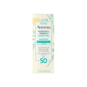 Aveeno Positively Mineral Sensitive Skin Daily Sunscreen Lotion for Face, Broad Spectrum SPF 50 Facial Sunscreen, Travel-Size, 2  oz