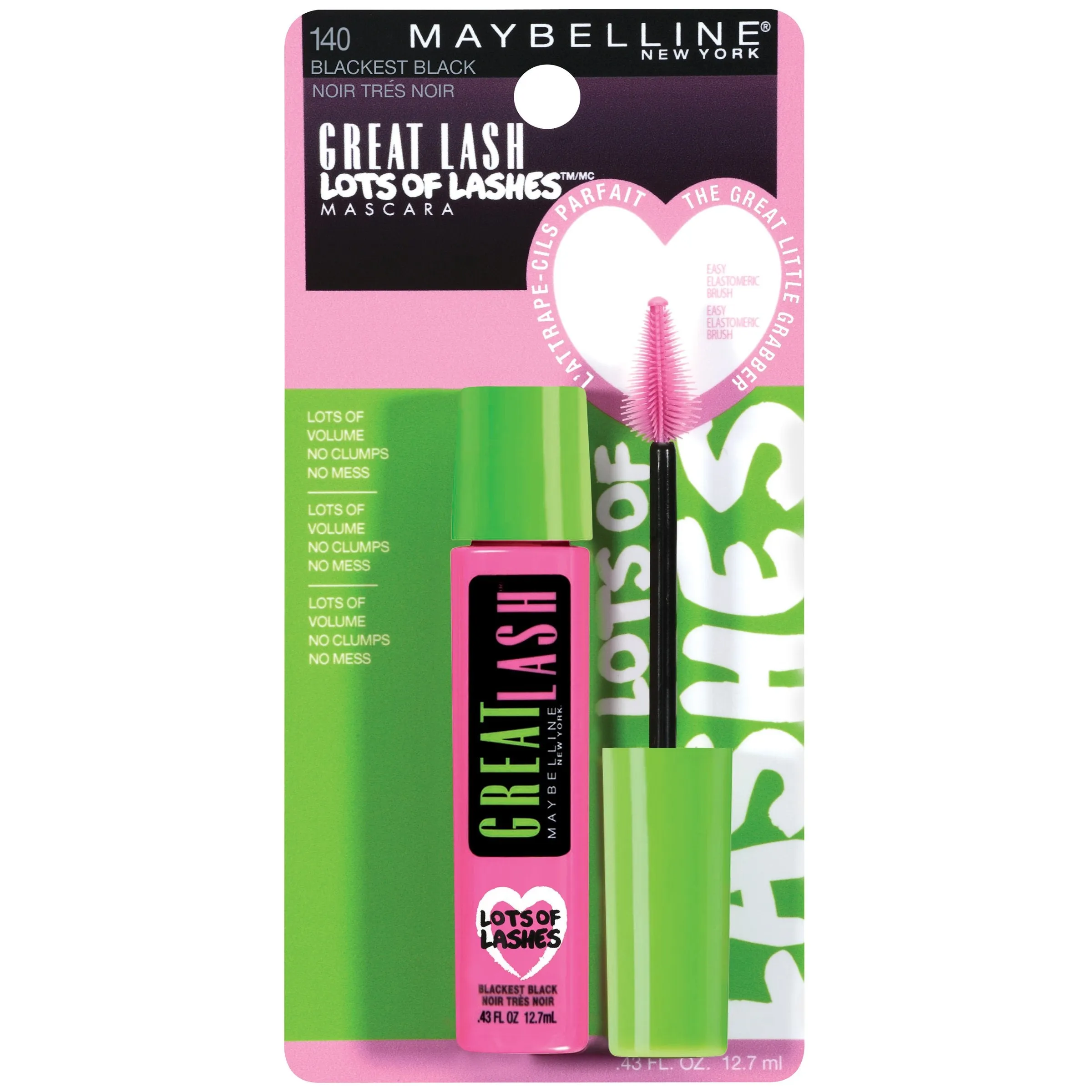 Maybelline Makeup Great Lash Lots Of Lashes Washable Mascara, Blackest Black Mascara, 0.43 fl oz